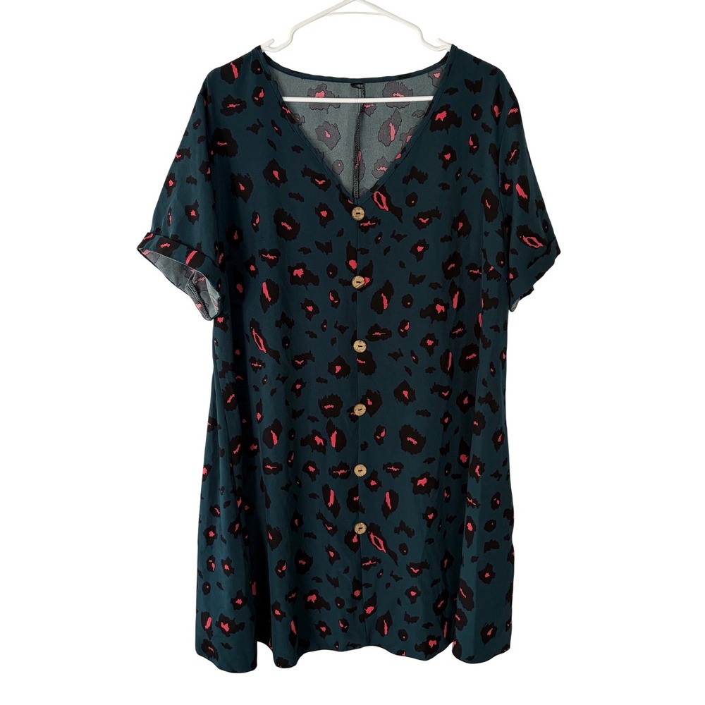 Womens Teal Pink Leopard Print Dress Short Sleeve Button Front Tunic Dress XL
